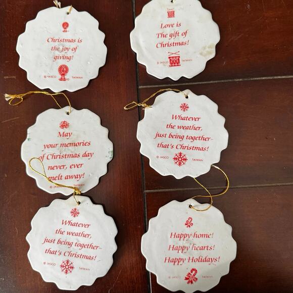 VTG Jasco Hand-painted Snowflake Greetings Ornaments Set of 6 Taiwan 1980’s 3” - Picture 2 of 8